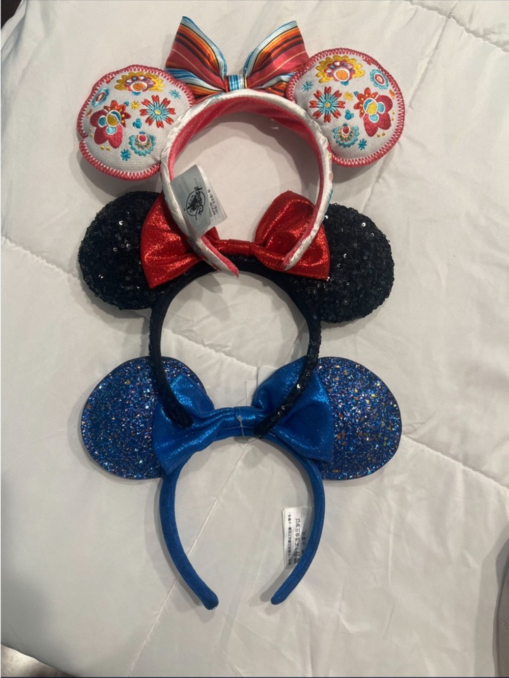 Set of 3 Minnie Mouse Ear Headbands - Floral, Black Sequin, Blue Glitter